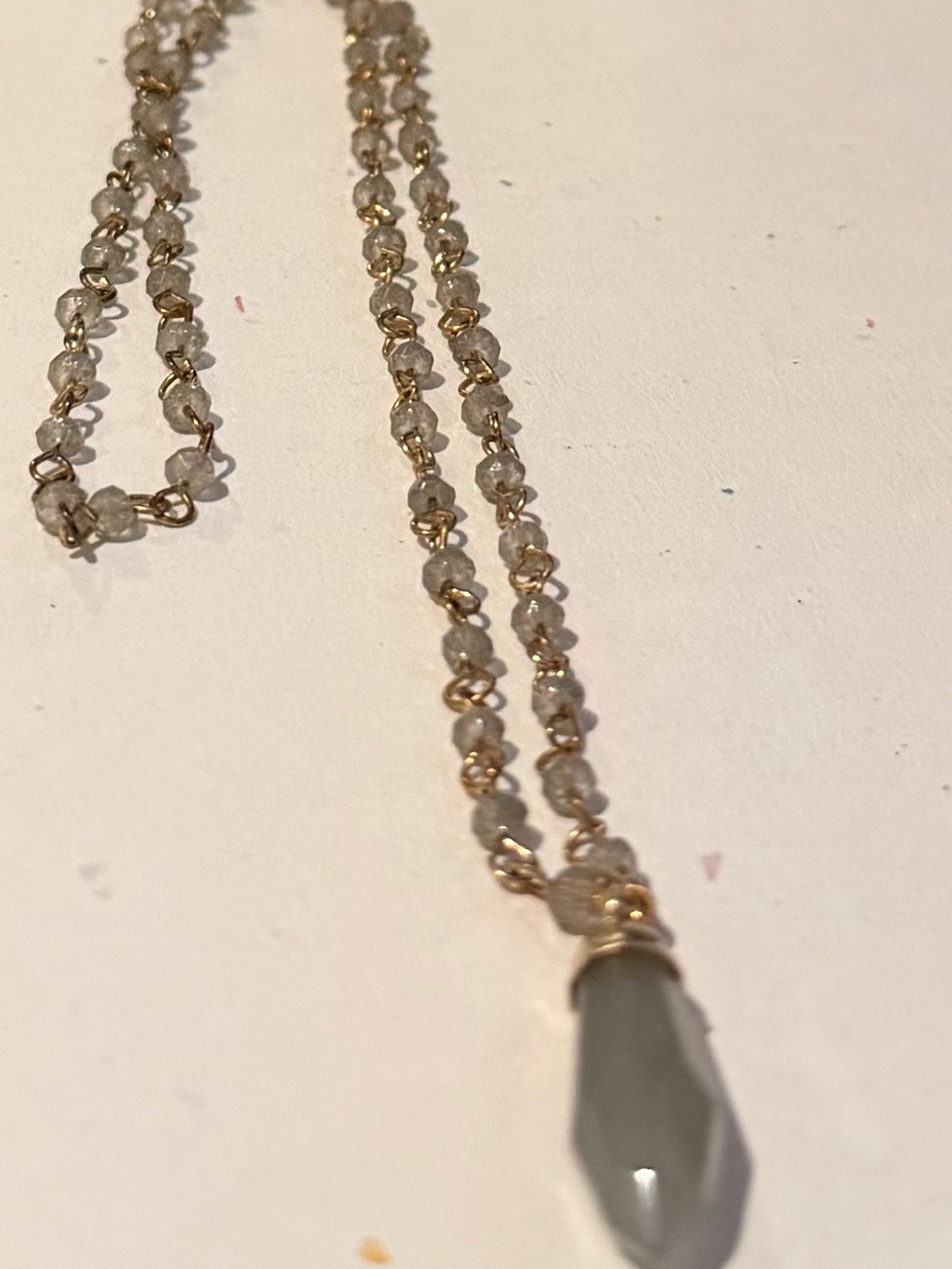 Delicate Gold Chain Necklace with Gray Beaded Rosary and Gray Teardrop Pendant